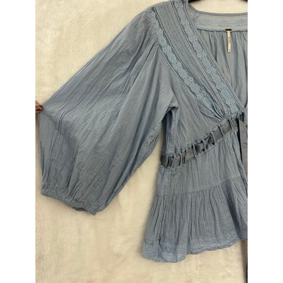 Free People Blue Tie Flowy Top M Beachy Coastal Fairy Festival - Picture 4 of 10